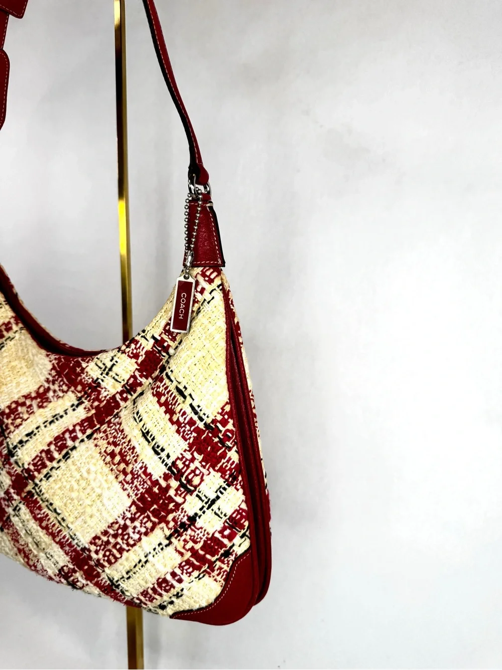 Coach Plaid Tweed Shoulder Hobo Bag Red Cream Leather Trim Style 8368